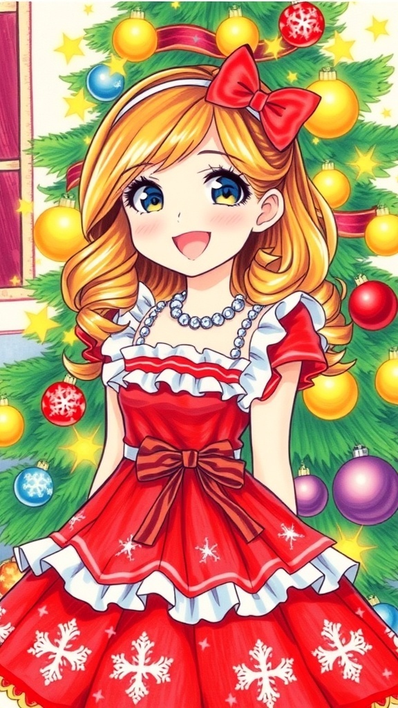 A girl in a red Christmas dress with snowflakes, smiling in front of a decorated Christmas tree.